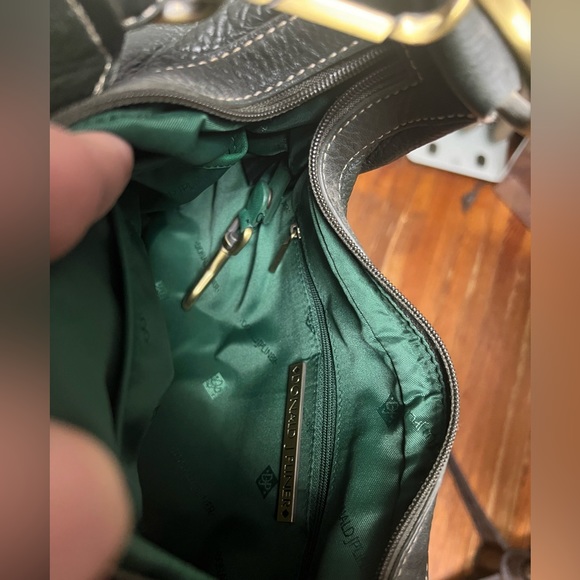 Hunter green, Donald J Piner, genuine leather shoulder bag, heavy brass hardware - Picture 12 of 14